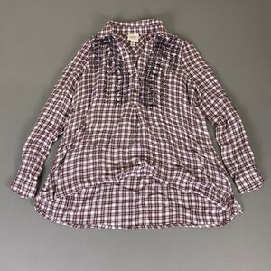 KNOX‎ ROSE Tunic Top Blouse Women's Size XS Burgundy White Plaid Embroidered